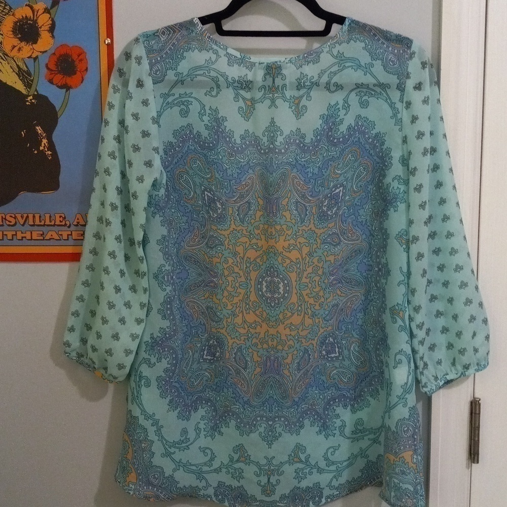 Ann Taylor Aqua and Lavender Paisley Print Boho Sheer Peasant Blouse - Picture 13 of 14